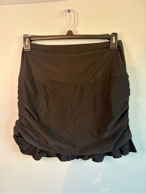 Island Escape Black Ruched Swim Skirt with Ruffle Hem